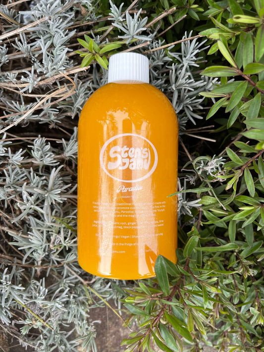 A bottle of stens jamu, turmeric and ginger tonic, laying on top of bush and plant branches